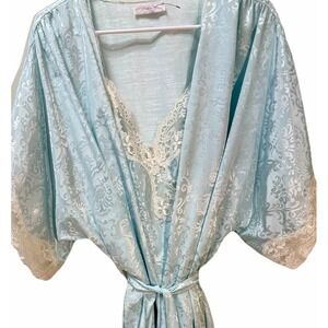 Vintage 70s ILGWU Union Made Peignoir Set Ice Blue Slip Robe Womens M USA
